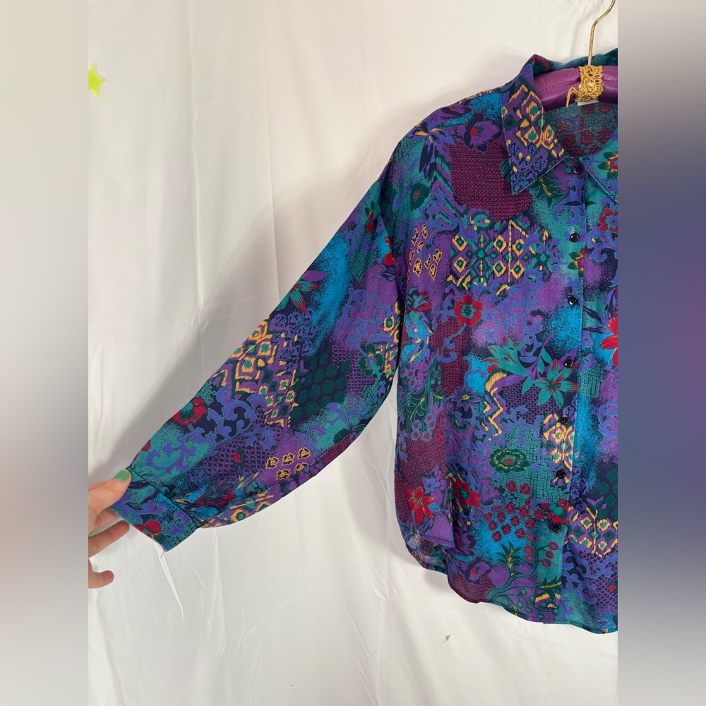 VTG 90s Structured Tropical Print Boho‎ Streetwear Button Up Blouse Size L-XL - Picture 4 of 13